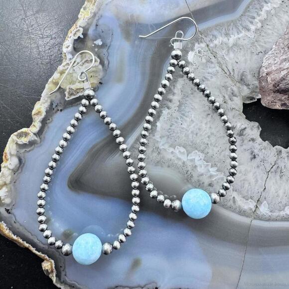 Native American Sterling Silver Navajo Beads w/Larimar Hoop Earrings For Women - Picture 1 of 10